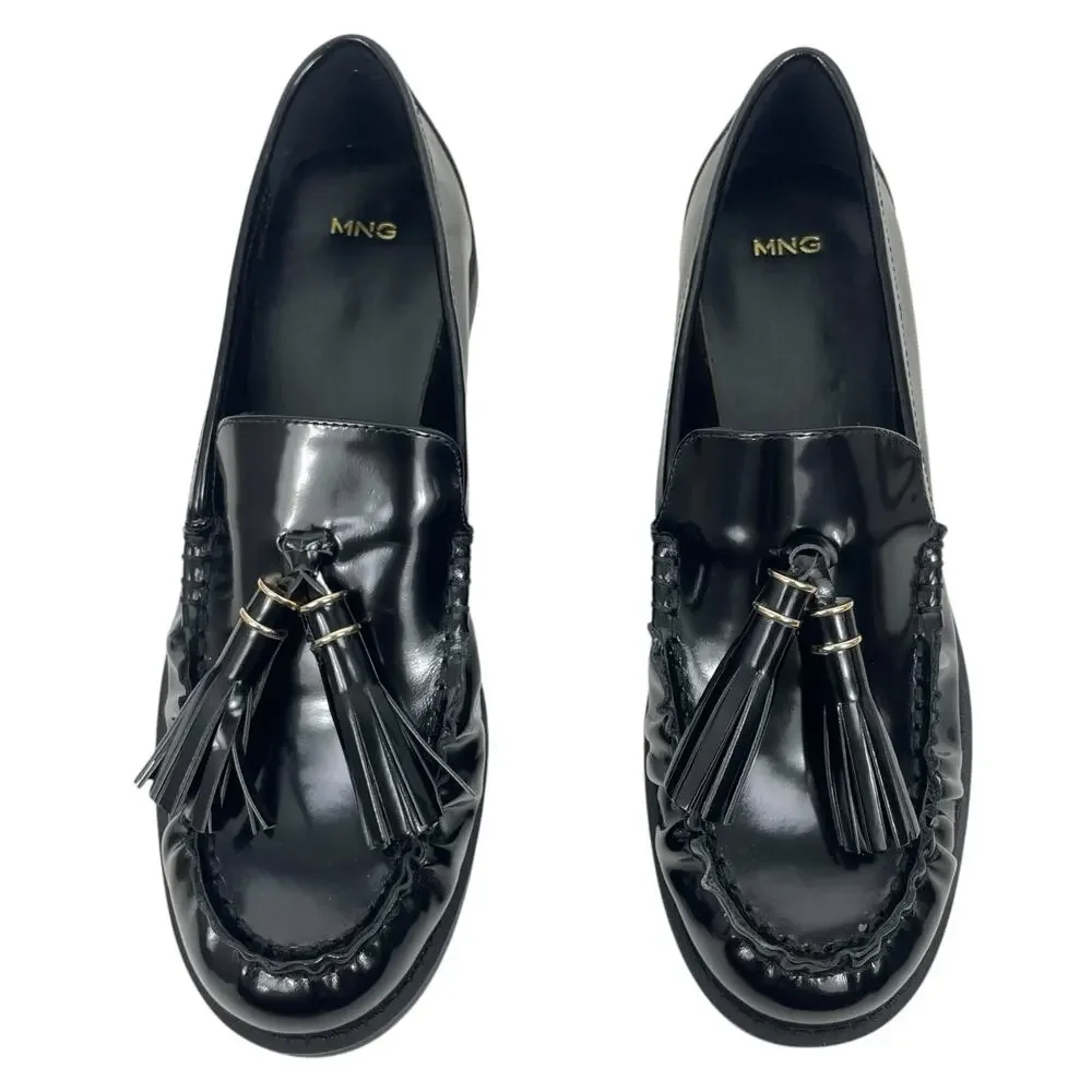 Mango Leather Slip On Loafer with Tassel Black Size 39/ 8.5